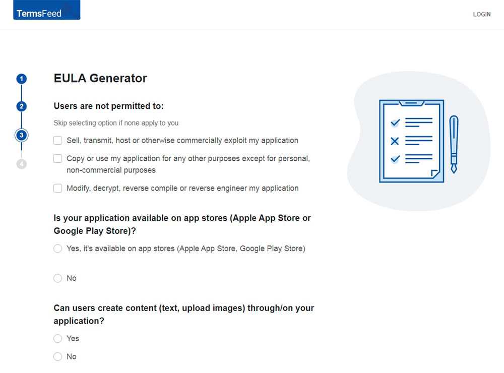 TermsFeed EULA Generator: Answer questions about business practices - Step 3