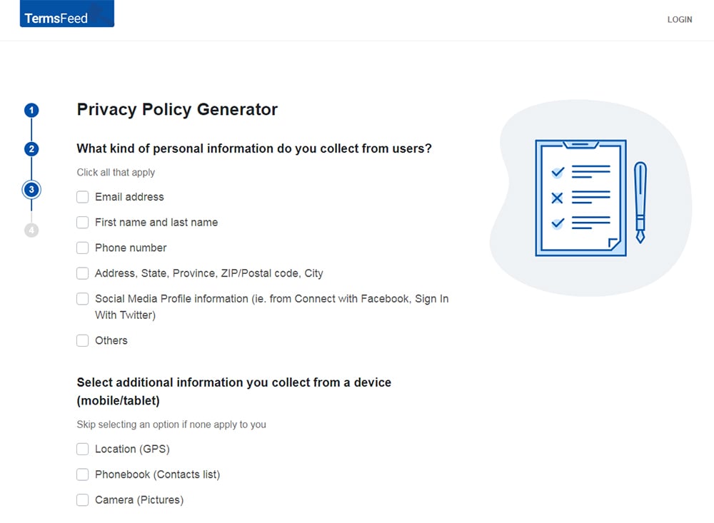 TermsFeed Privacy Policy Generator: Answer questions about business practices  - Step 3