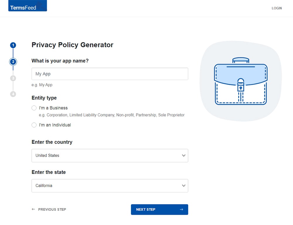 TermsFeed Privacy Policy Generator: Answer questions about Mobile App - Step 2