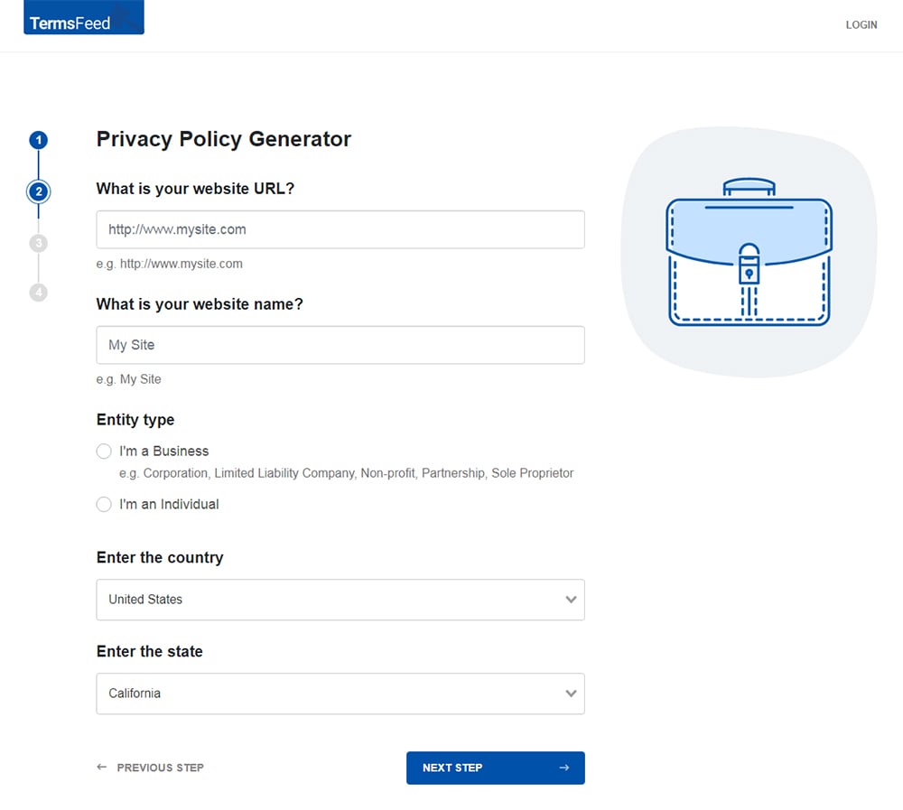 TermsFeed Privacy Policy Generator: Answer questions about website - Step 2