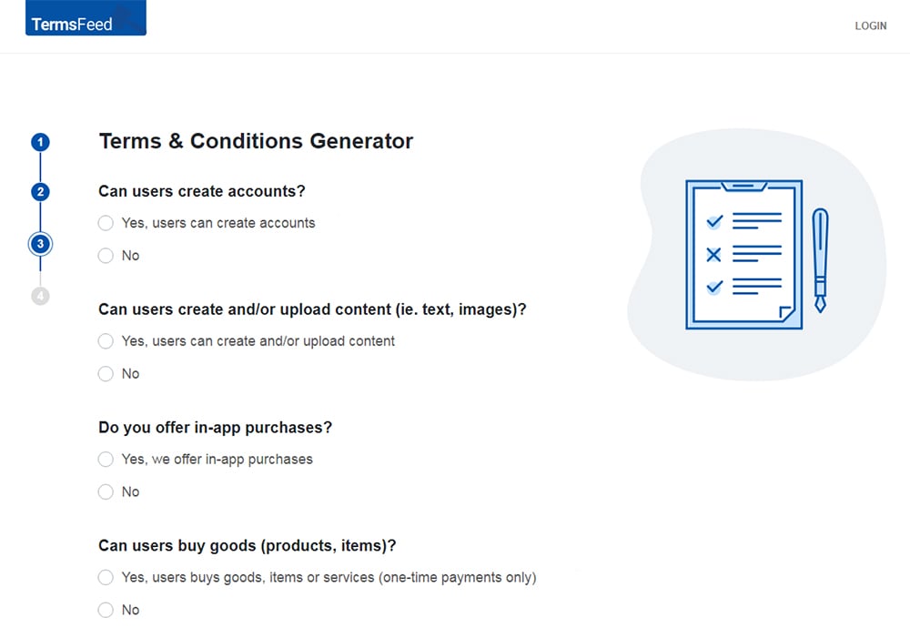TermsFeed Terms and Conditions Generator: Answer questions about business practices - Step 3