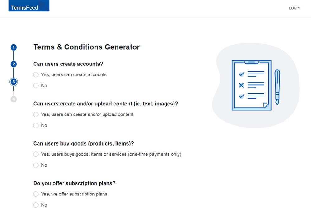 TermsFeed Terms and Conditions Generator: Answer questions about business practices - Step 3