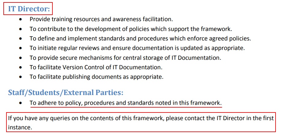 University College Cork IT Policy Framework: Roles and Responsibilities - IT Director, staff, students, external parties clauses