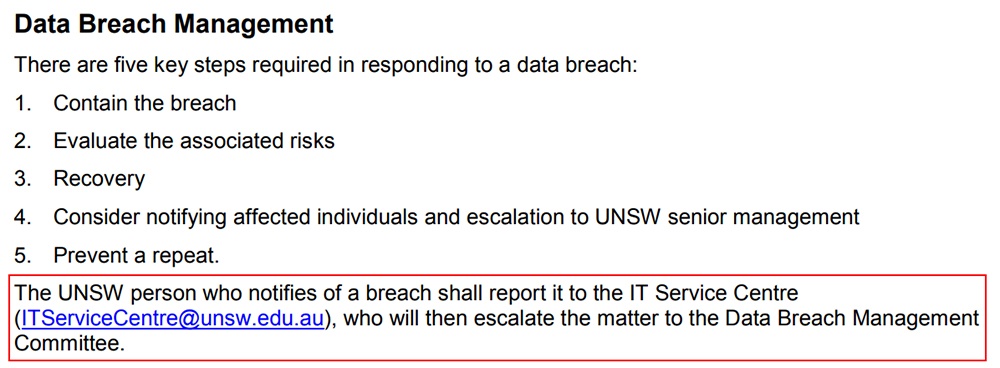 UNSW Sydney Data Breach Policy: Data Breach Management clause