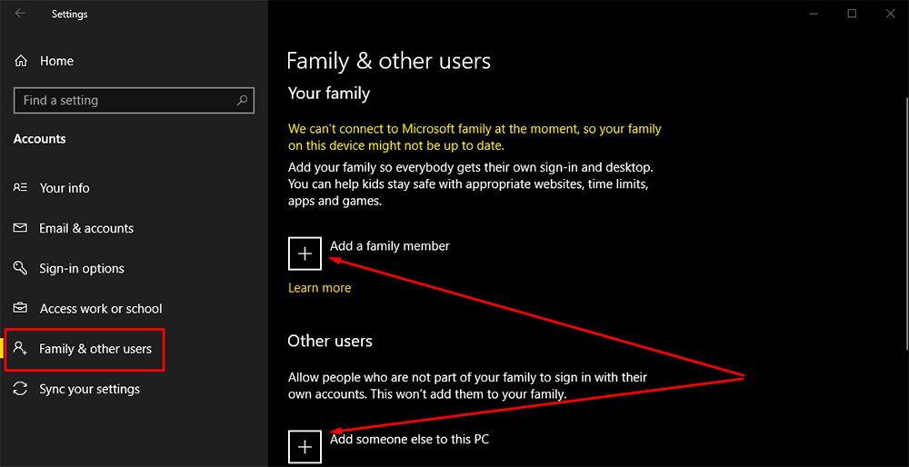 Windows Settings: Family and Other Users - Add buttons highlighted