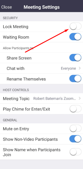Zoom app: Meeting Settings menu - Lock Meeting highlighted