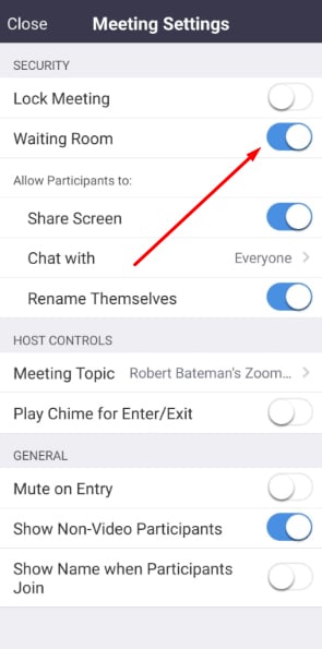 Zoom app: Meeting Settings menu - Waiting Room highlighted