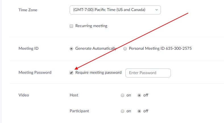 Zoom schedule meeting screen with Require Password highlighted