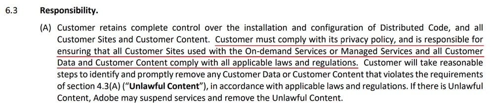Adobe General Terms: Customer Responsibility to comply with Privacy Policy clause