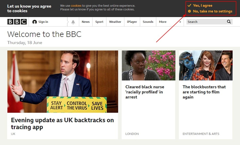 BBC Cookie Consent banner: Full screenshot