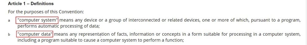 Council of Europe Convention on Cybercrime: Definitions section - Computer System and Computer Data definitions highlighted