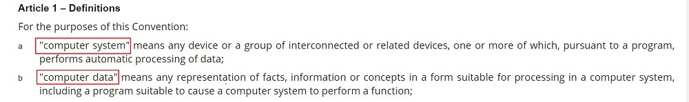 Council of Europe Convention on Cybercrime: Definitions section - Computer System and Computer Data definitions highlighted