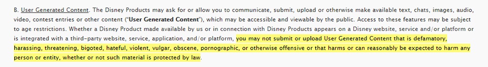 Disney Terms of Use: User Generated Content clause - Restricted submissions excerpt