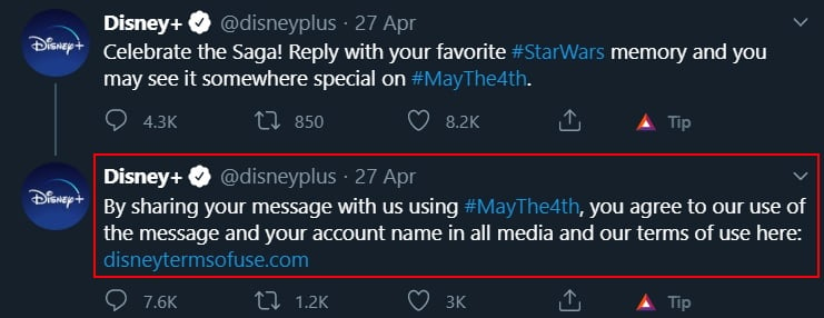 Disney Twitter post saying sharing message means agreeing to terms