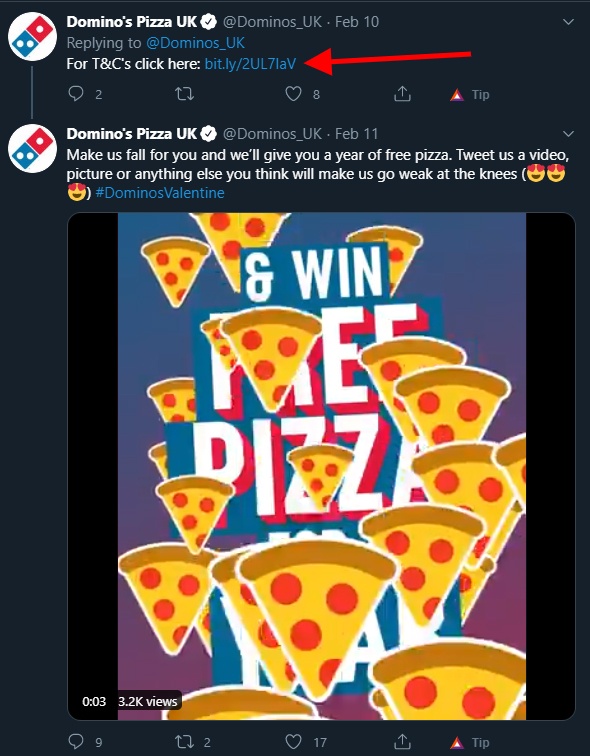 Dominos Pizza Twitter post with Terms and Conditions link