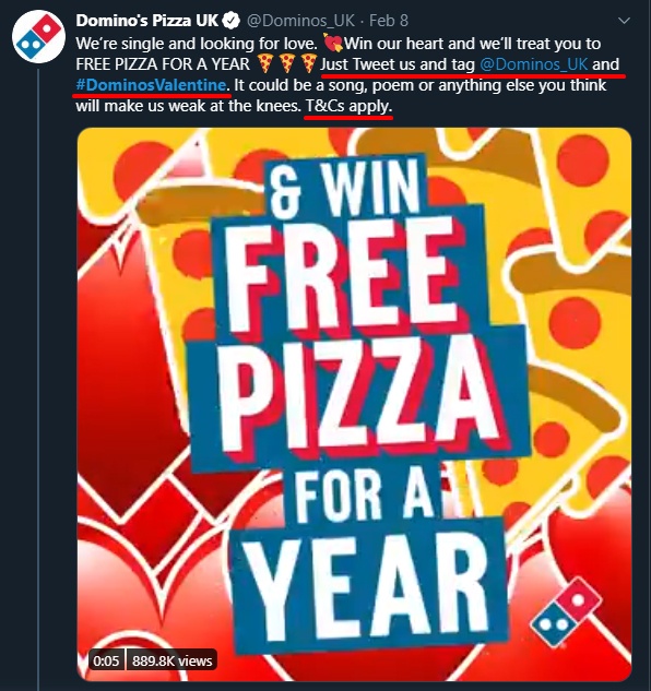 Dominos Pizza Twitter post of Valentine's contest