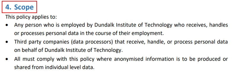 Dundalk Institute of Technology Anonymisation Pseudonymisation Policy: Scope clause