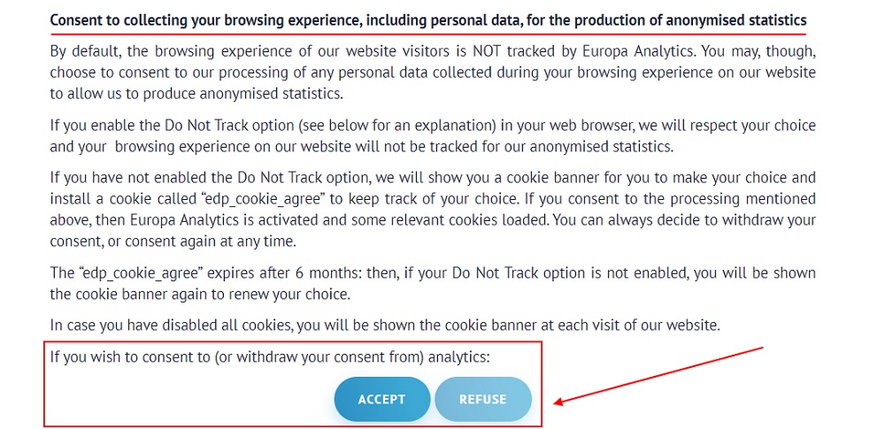 EDPB Cookies Policy: Consent to collecting your browsing experience including personal data for the production of anonymised statistics clause with Accept button highlighted