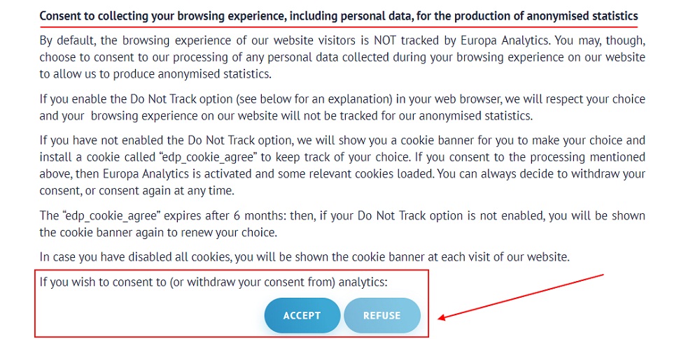 EDPB Cookies Policy: Consent to collecting your browsing experience including personal data for the production of anonymised statistics clause with Accept button highlighted