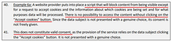 EDPB Guidelines on Consent Under the GDPR: Consent in cookie walls section - Example