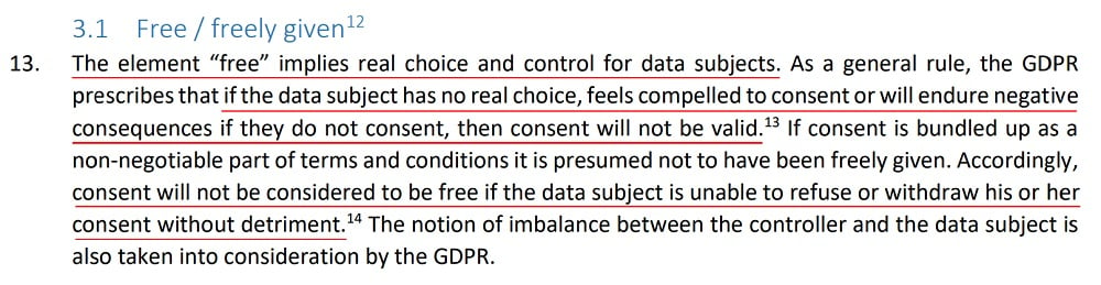 EDPB Guidelines on Consent Under the GDPR: Free and Freely given consent section