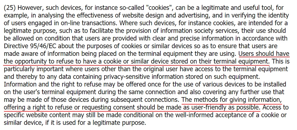 EUR-Lex ePrivacy Directive: Section 25 - Cookies and consent methods highlighted
