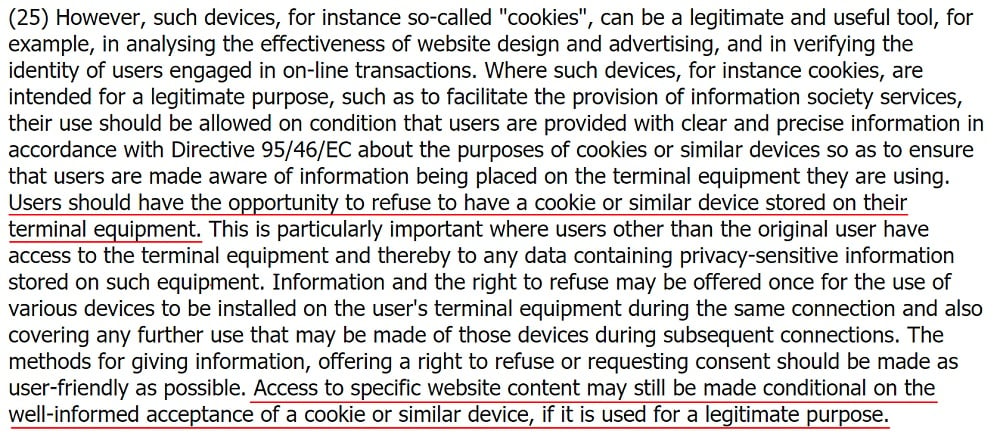 EUR-Lex ePrivacy Directive: Section 25 - Cookies and legitimate purpose highlighted