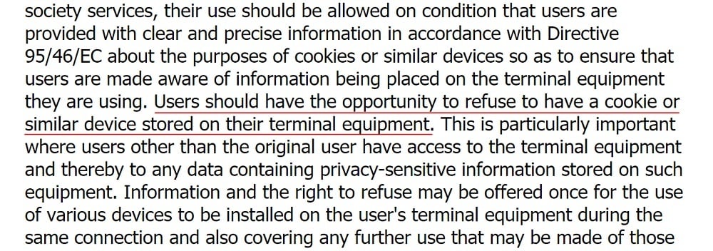 EUR-Lex: ePrivacy Directive - Section 25: Users should have opportunity to refuse cookies