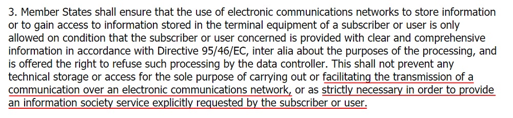 EUR-Lex ePrivacy Directive: Section 3 - Transmission of Communication and strictly necessary cookies highlighted