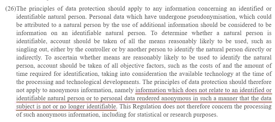 EUR-Lex Europa: GDPR Recital 26 - Definition of anonymous information