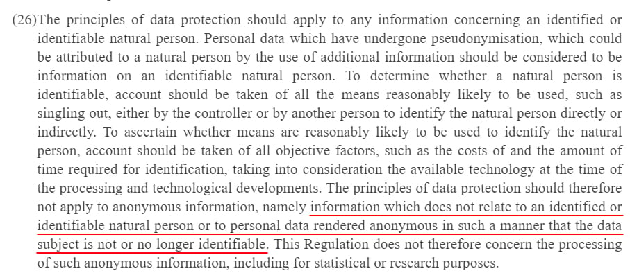 EUR-Lex Europa: GDPR Recital 26 - Definition of anonymous information