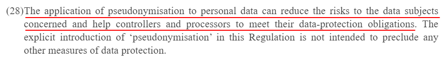 EUR-Lex Europa: GDPR Recital 28 - Application of pseudonymisation to reduce data subject risk