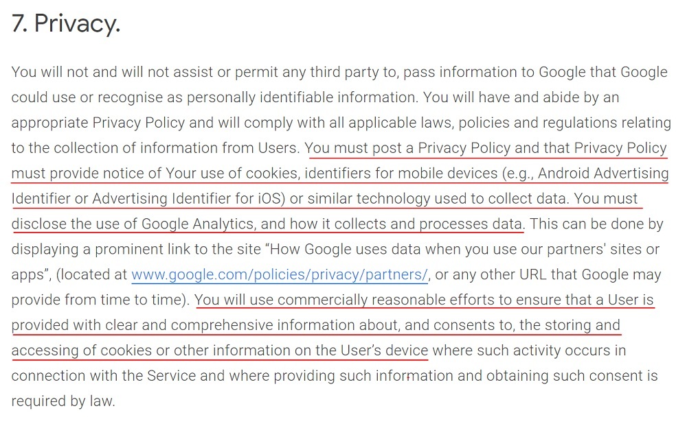 Google Analytics Terms of Service: Privacy clause with Privacy Policy requirement and Cookies sections highlighted