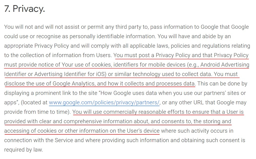 Google Analytics Terms of Service: Privacy clause with Privacy Policy requirement and Cookies sections highlighted