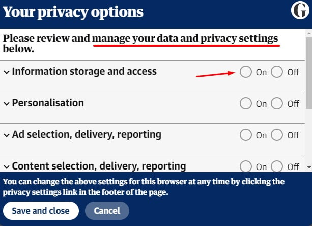 The Guardian: Your Privacy Options - Manage data and privacy settings screen