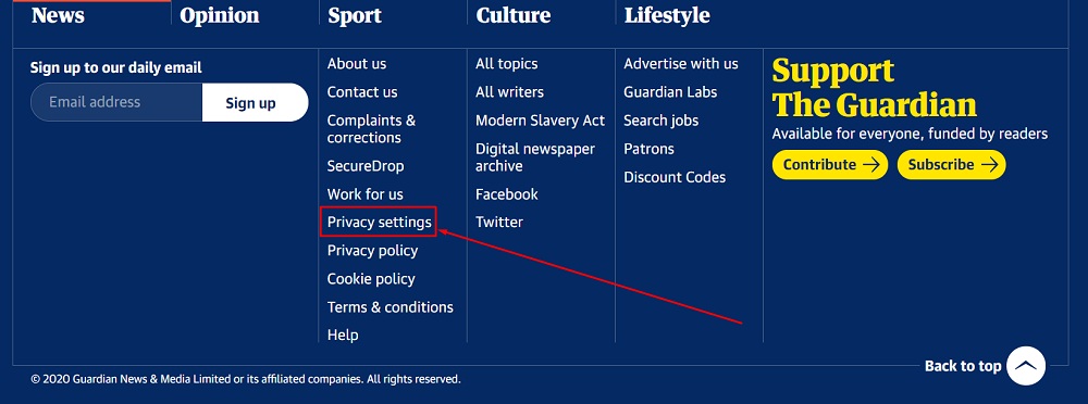 The Guardian website footer with links: Privacy settings link highlighted