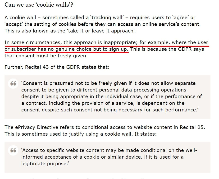 ICO: How do we comply with the cookie rules - Cookie walls and consent - GDPR Recital 43 section