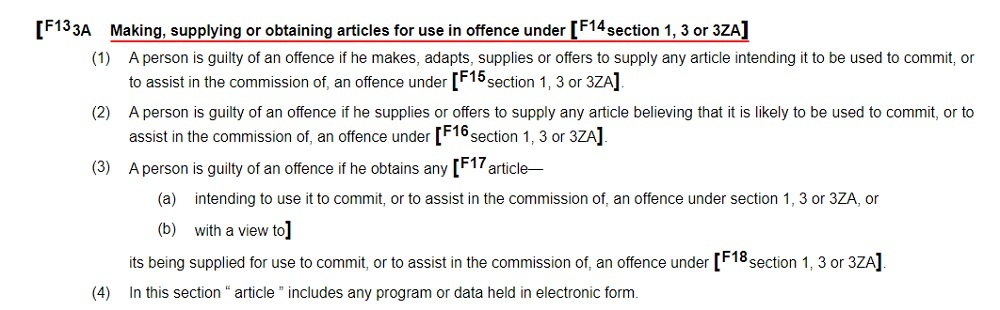 Legislation Gov UK: Computer Misuse Act 1990 - Section 3ZA: Making supplying or obtaining articles for use in offense under section 1 3 or 3ZA