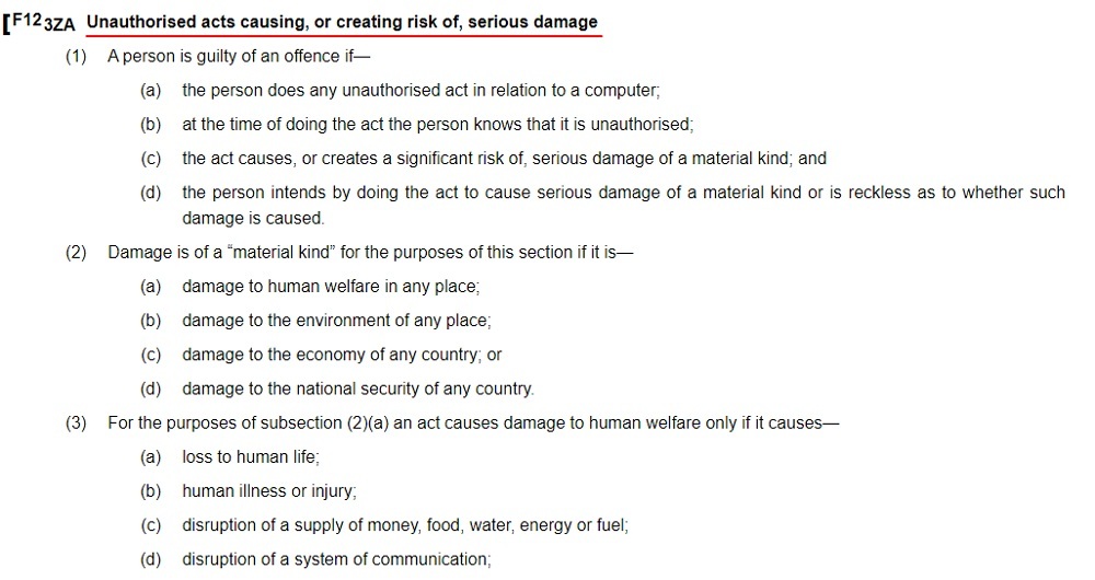 Legislation Gov UK: Computer Misuse Act 1990 - Section 3ZA: Unauthorised acts causing or creating risk of serious damage