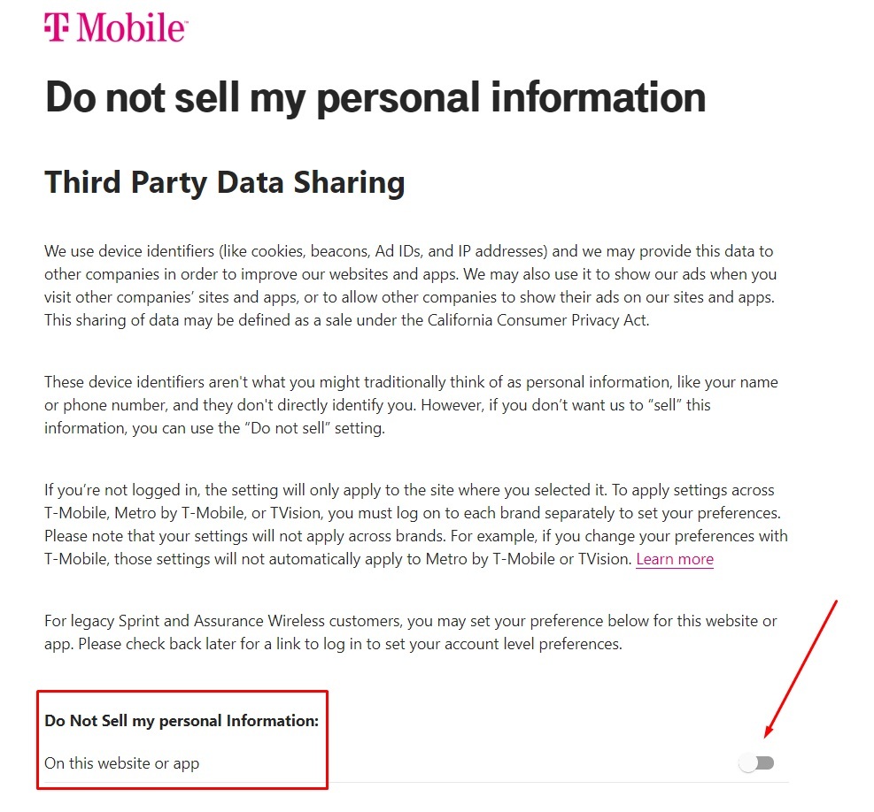 T-Mobile Do Not Sell page with On and Off toggle highlighted