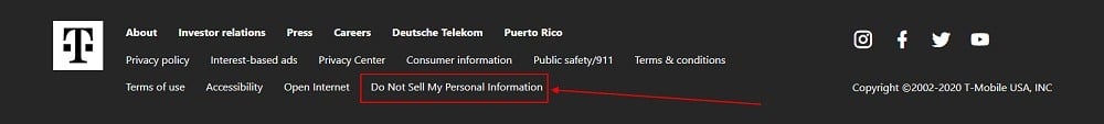 T-Mobile website footer with Do Not Sell page link highlighted