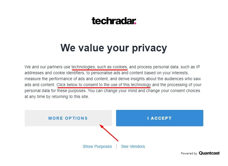 TechRadar Cookie Consent pop-up with More Options highlighted