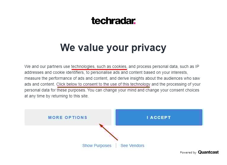 TechRadar Cookie Consent pop-up with More Options highlighted