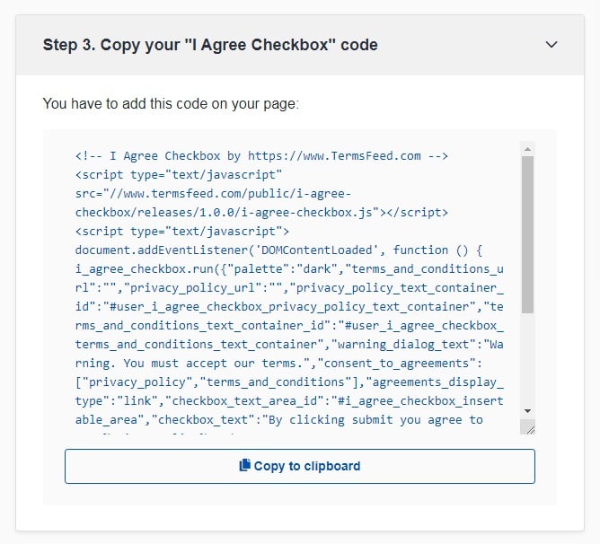 TermsFeed Free Tools: I Agree Checkbox - Copy your Code - Step 3