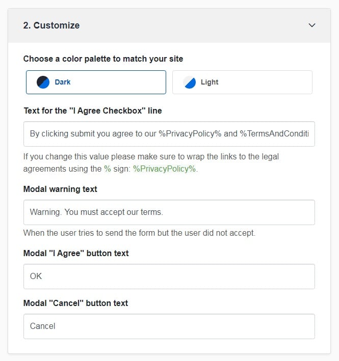 TermsFeed Free Tools: I Agree Checkbox - Customize - Step 2