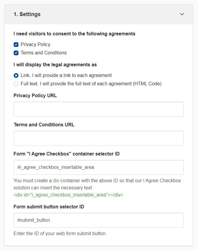 TermsFeed Free Tools: I Agree Checkbox - Settings - Step 1