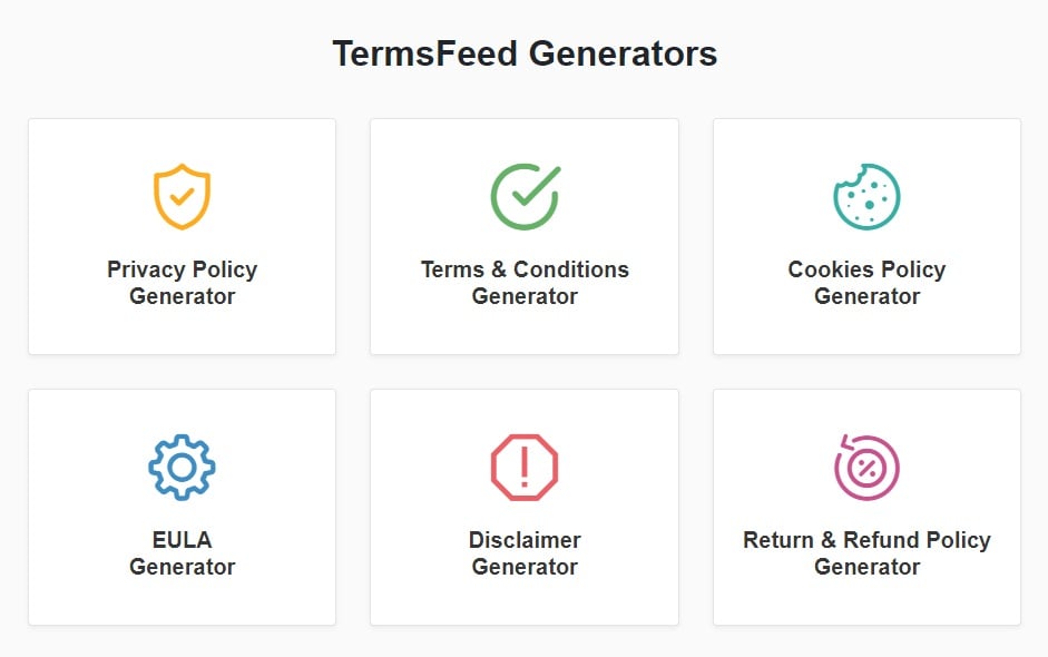 Screenshot of Intro page for TermsFeed Generators app