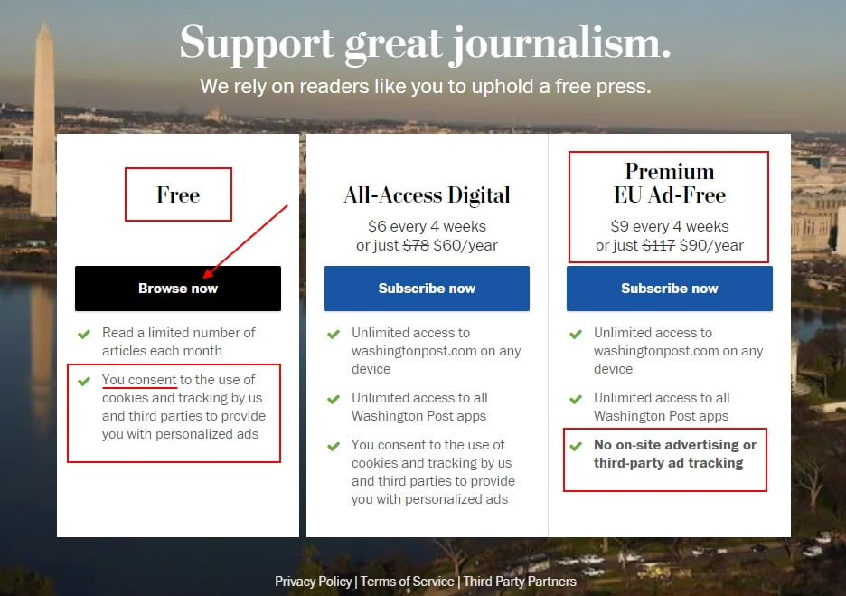 The Washington Post Cookie Paywall with Free and Premium options highlighted