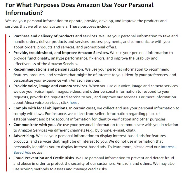 Amazon Privacy Notice: For What Purposes Does Amazon Use Your Personal Information clause