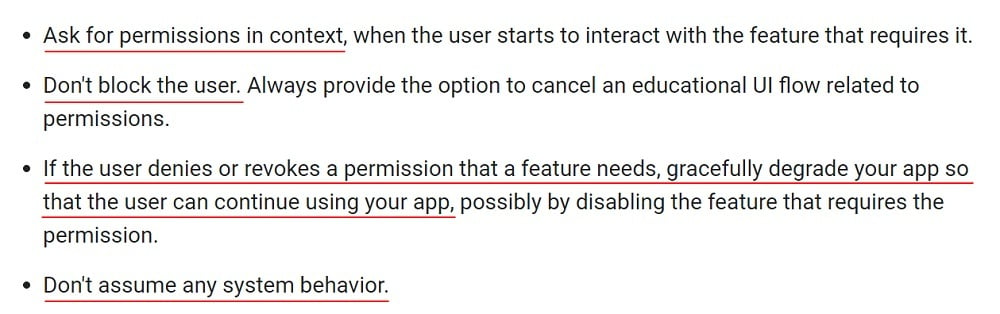 Android Developers Guides: Request App Permissions - Basic principles list